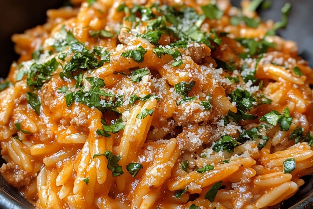 Ground Beef Orzo with Tomato Cream Sauce: An Incredible One-Pot Meal