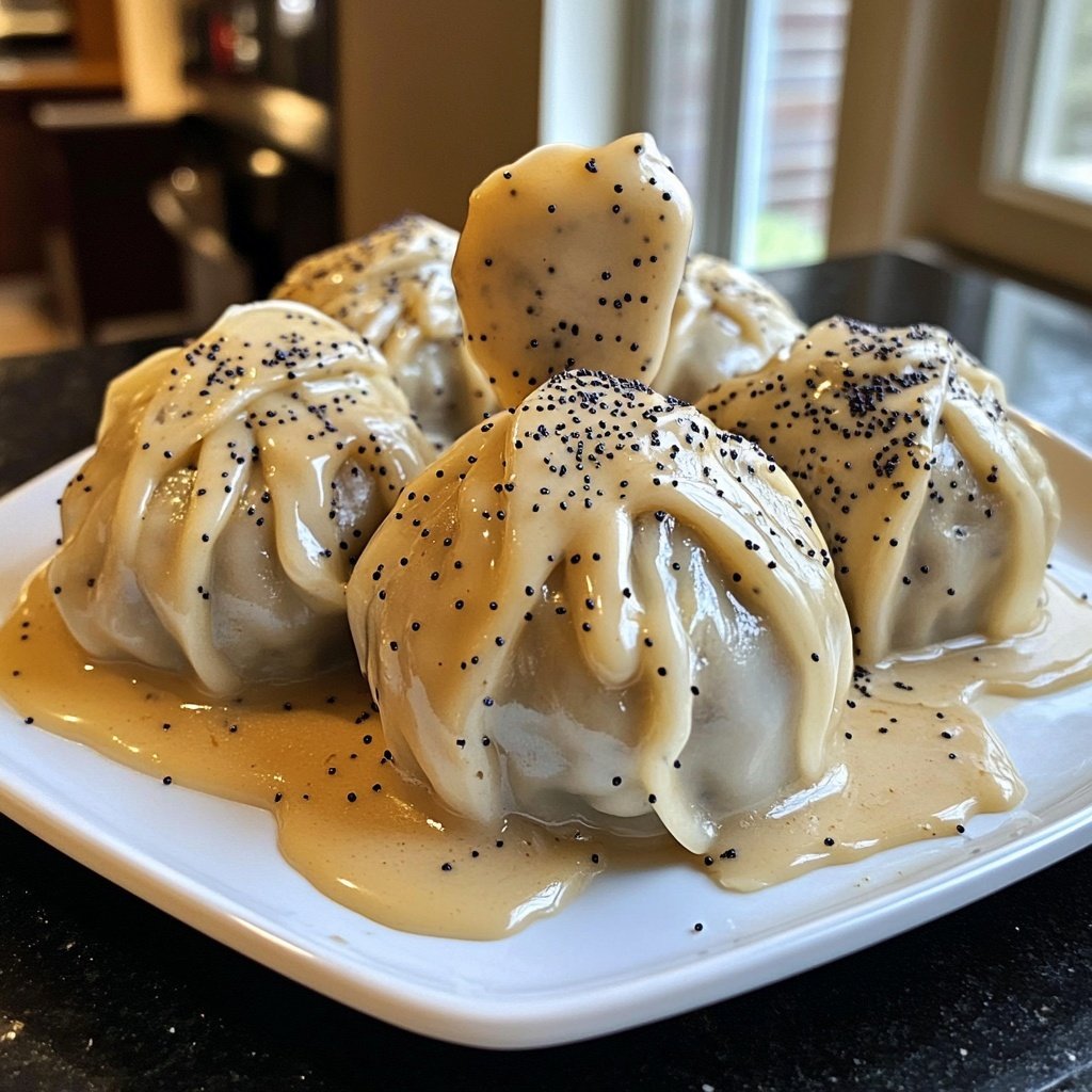 Steamed Dumplings with Vanilla Sauce and Poppy Seeds