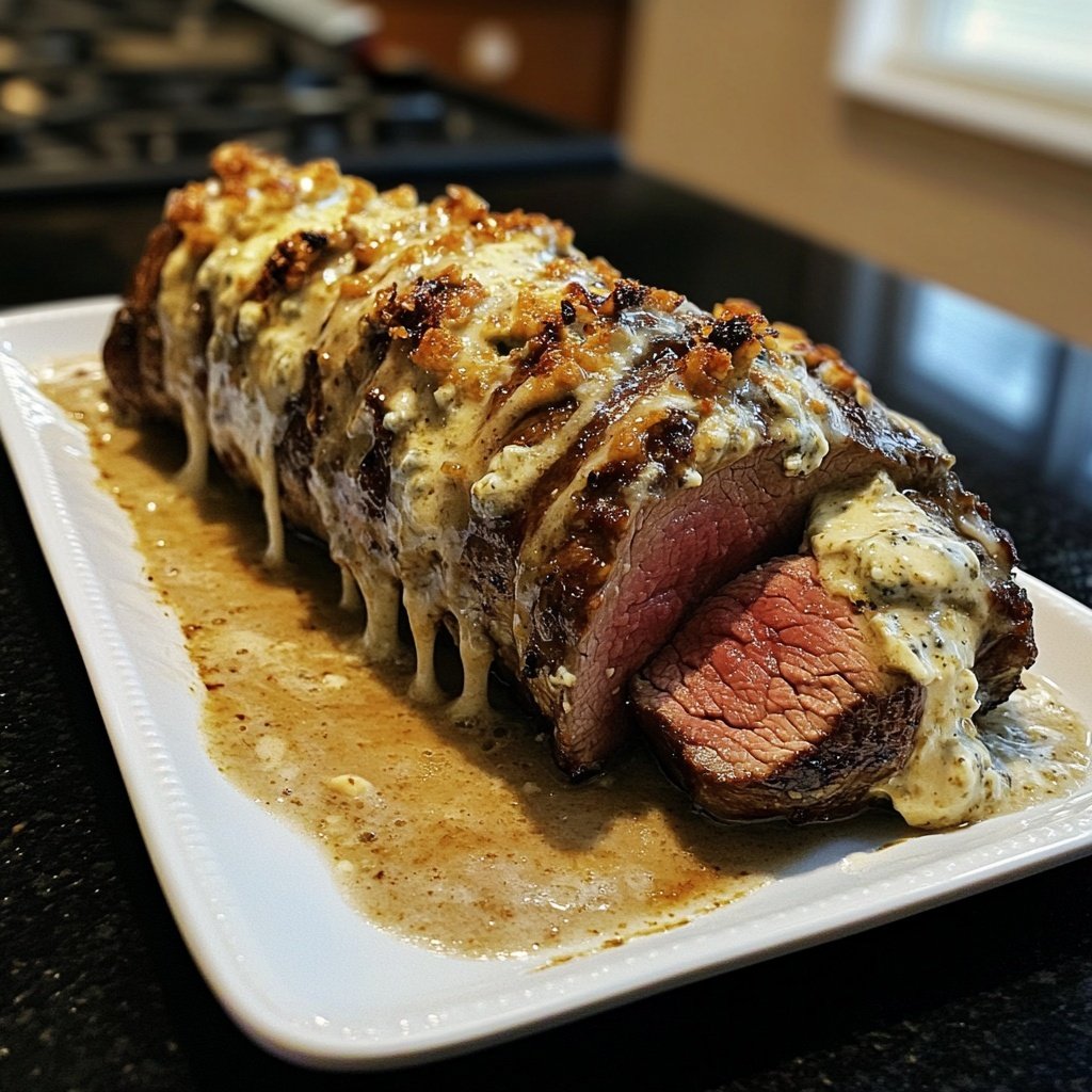 Gorgonzola-Stuffed Beef Tenderloin with Port Wine Sauce